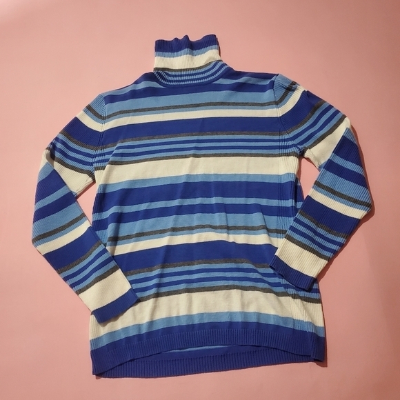 💙 Vintage Totally 2000s 00s Y2K Blue White Grey Stripped Turtleneck Sweater - Picture 1 of 4